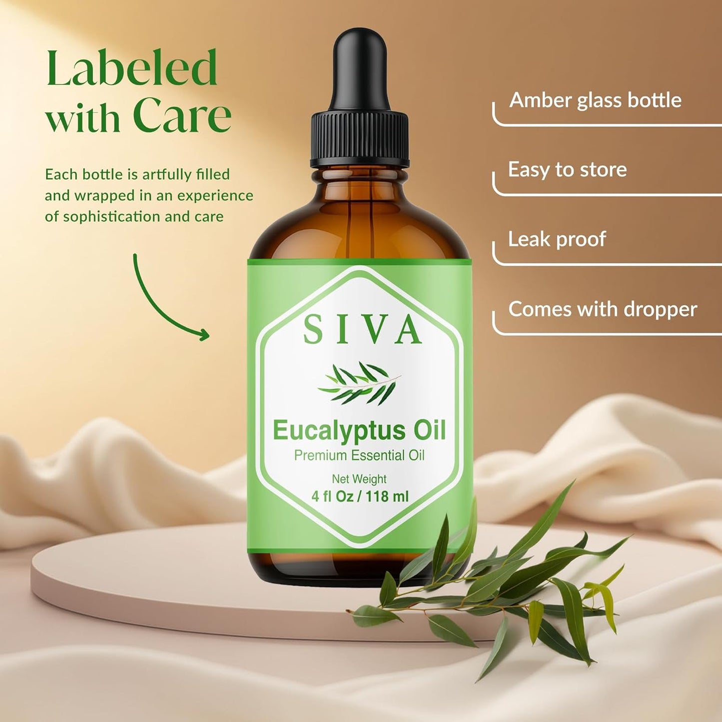 Siva Eucalyptus Essential Oil - 4 Fl Oz – 100% Natural Eucalyptus Oil - for Diffuser, Face, Skin Care, Aromatherapy, Hair Care, Scalp and Body Massage - with Dropper
