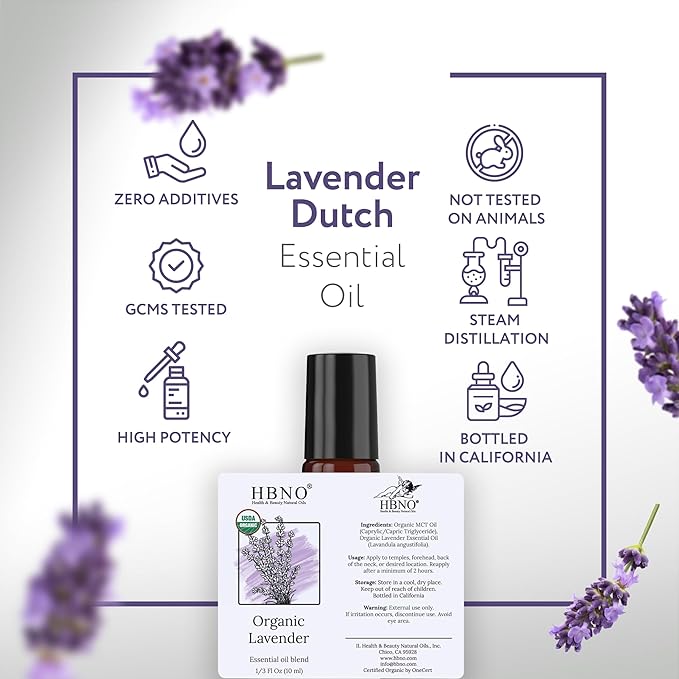HBNO Organic Lavender Essential Oil Roll-On - 1/3 oz (10 ml) Travel Size - USDA Certified Organic Lavender and Mct Oils - Perfect for Traveling, Aromatherapy, Massage, perfumes, moisturizer