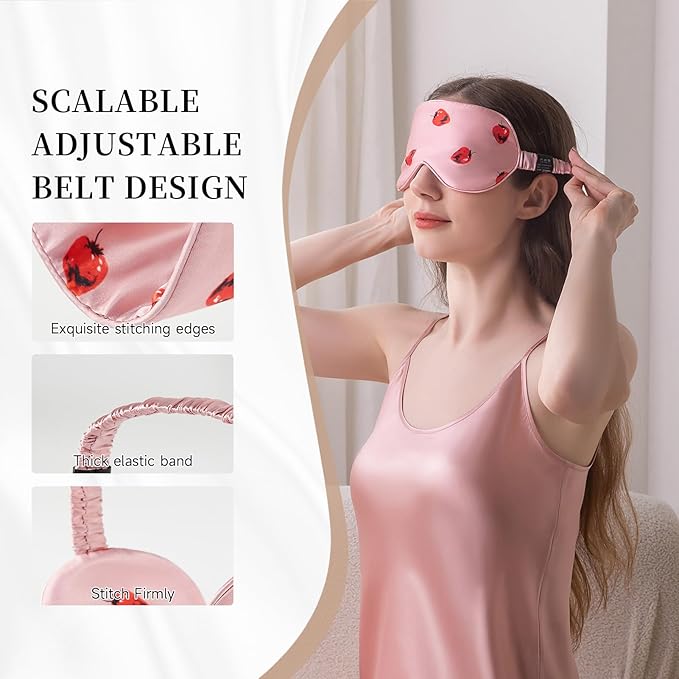 THXSILK Sleep Mask 100% 19 Momme Pure Mulberry Silk Super Smooth Cooling Decorative Sleep Eye Mask Blackout Eye Cover with Wide Head Strap, Strawberry-Pink
