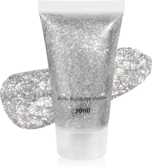 Mysense Silver Body Glitter Gel, Singer Concerts Glitter Makeup, Music Festival Rave Face Eye Hair Accessories, Chunky Glitter Mermaid Sequins, Sparkling Paint for Women, 30g
