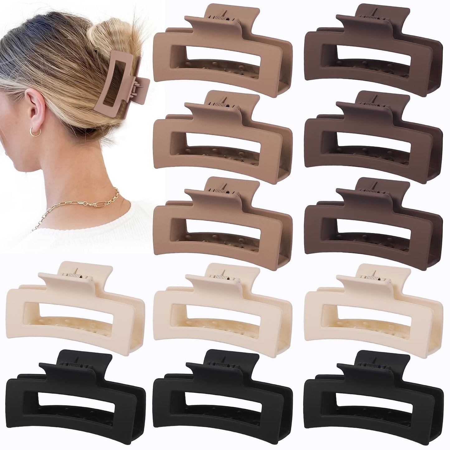12 Pcs Medium Hair Clips for Women, 3.5 Inch Square Claw Clips, Colorful Hair Claw Clips for Thick and Thin Hair, Bulk Hair Accessories for Women and Girls- Brown