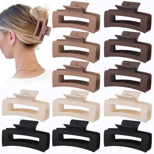 12 Pcs Medium Hair Clips for Women, 3.5 Inch Square Claw Clips, Colorful Hair Claw Clips for Thick and Thin Hair, Bulk Hair Accessories for Women and Girls- Brown