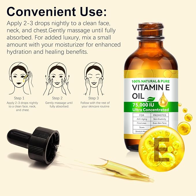 Vitamin E Oil for Skin, Hair & Face -75000 IU, Natural & Organic Vitamin E for Scars, Scalp, Bath & Body Oil, Moisturizing Dry Skin, 4Oz