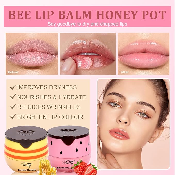 3 Pcs Honey Lip Balm, Bee Lip Balm Honey Pot,Moisturizing Lip Mask Overnight,Hydrate Repair Prevent Dry Cracked Lip Care (Honey+Strawberry+Watermelon)