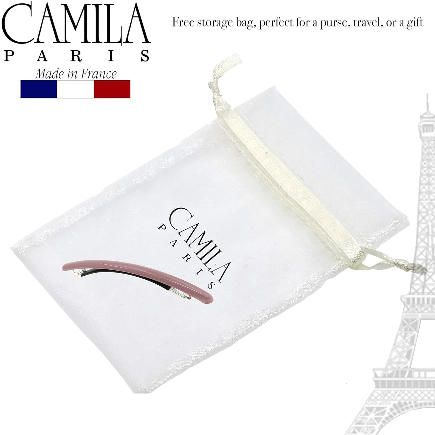 Camila Paris CP3251 French Hair Barrette Large Brown, Long Skinny Strong Hold Grip Hair Clips for Women, Thin Rubberized Automatic Clasp No Slip Durable Styling Girls Hair Accessories, Made in France