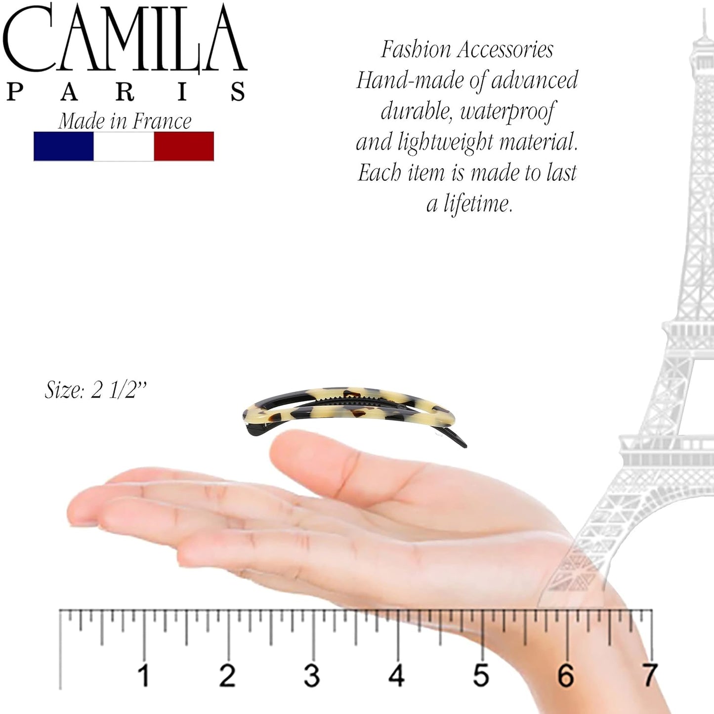 Camila Paris CP3364 French Hair Barrette Clip for Women, Handmade, White Tokyo, Slide-in Metal-Free Closure, Strong Hold Grip Hair Clips for Girls, No Slip Durable Hair Accessories, Made in France