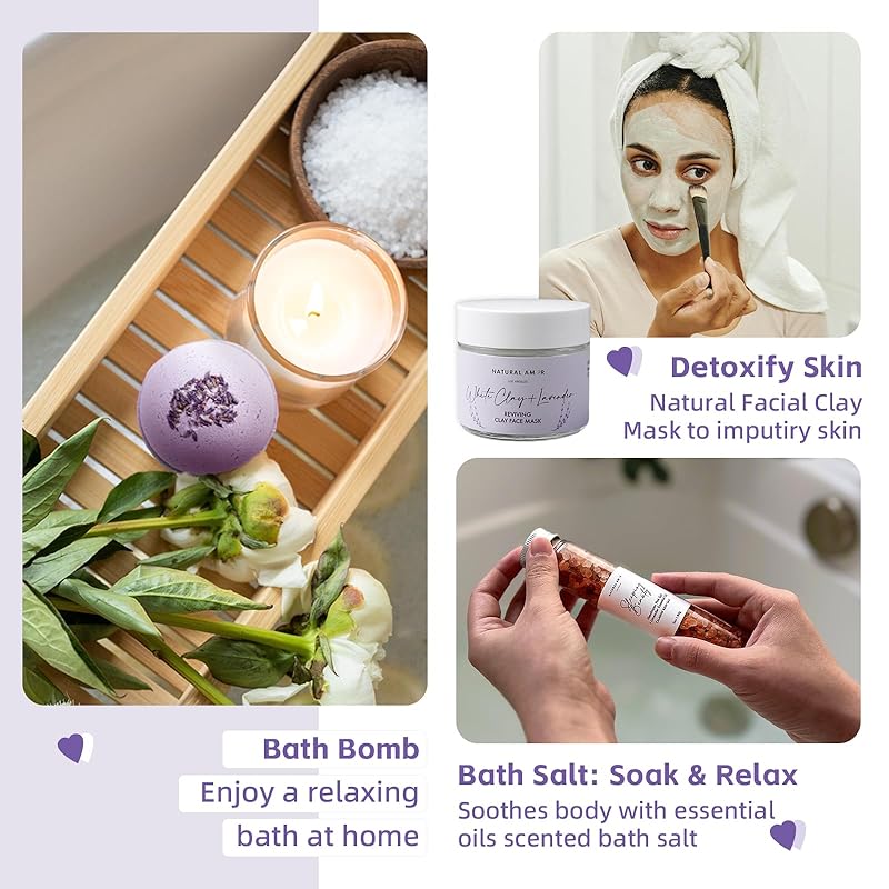 Natural Amor Lavender Spa Gifts for Women, 5pcs Handmade Spa Gift Box for Women, Birthday Gift for Women, Self Care Gift, Thank you Gift for Mother Day