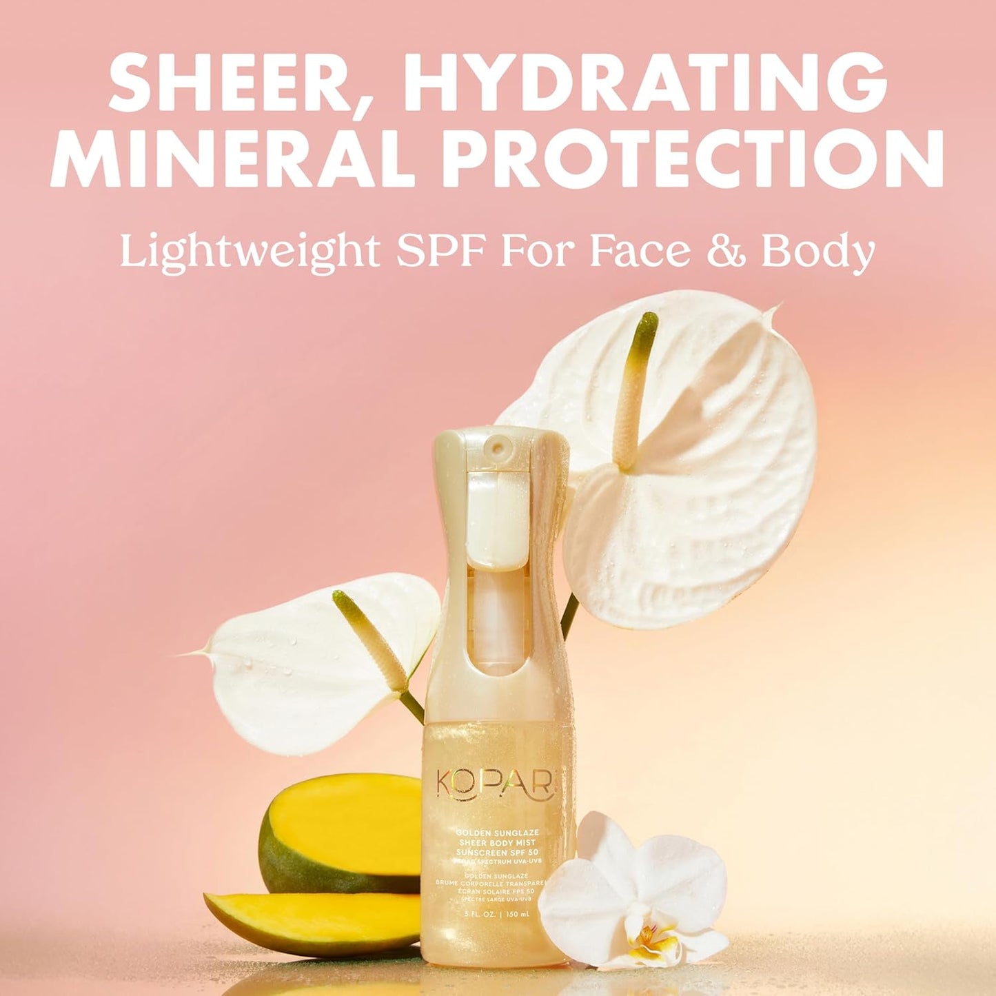 Kopari Golden Sunglaze Sheer Body Mist Sunscreen SPF 50, Infused with Shimmering Body Oil, Hydrating Mist, Hydrates, Brightens, Gives Skin a Glowy Finish, Lightweight, Fast-Absorbing.