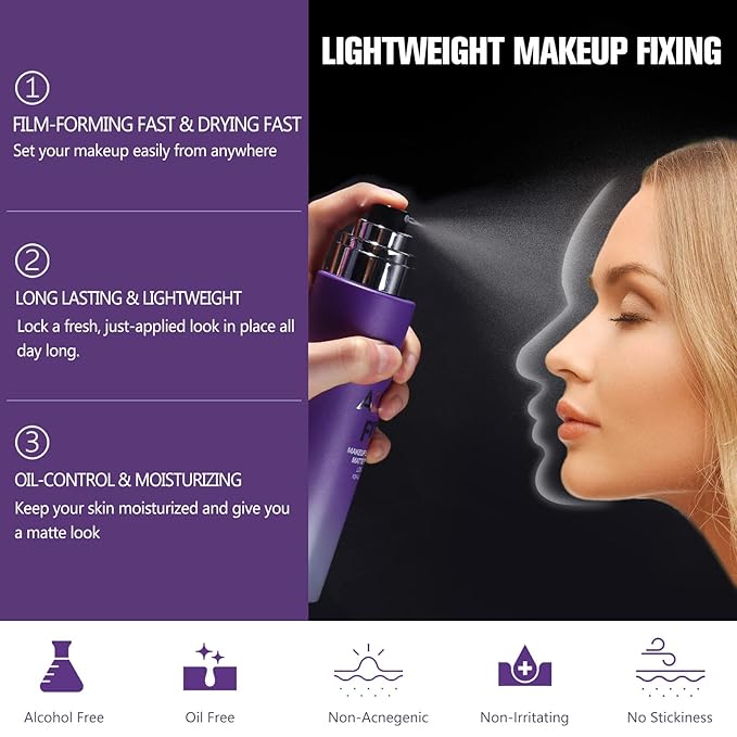 Long Lasting Makeup Setting Spray Kit- 6.76 Fl oz Hydrating Matte Finish Mist Lightweight Face Make up Fixer +Travel Size Spray Bottle+Sponge Puff Makeup Set