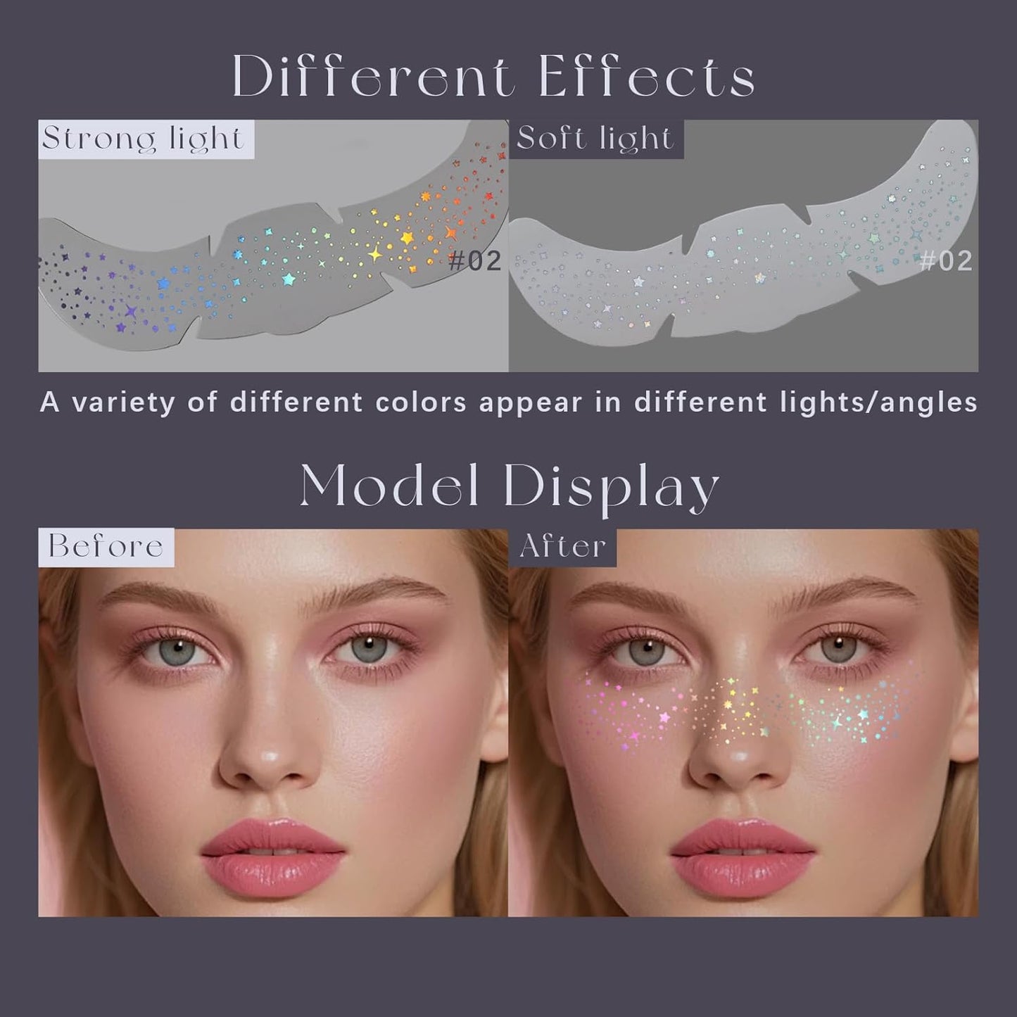 24pcs Face Glitter Freckles Tattoo, Holographic Chameleon Body Glitter Faux Freckle Stickers for Women Girls, Sparkle Star Speckles Makeup Patches Concert Festival Rave Cosplay Accessories