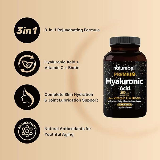 NatureBell Hyaluronic Acid Supplements 250mg | 240 Capsules, with Biotin 5000mcg & Vitamin C 25mg, 3 in 1 Support - Skin Hydration, Joint Lubrication, Hair and Eye Health