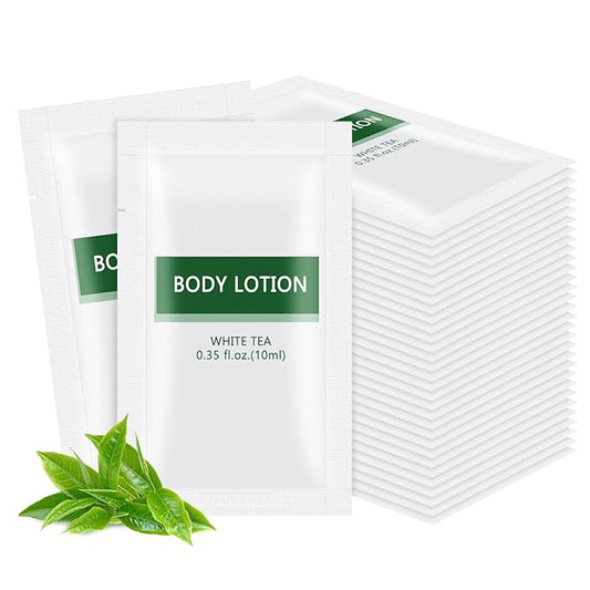 200 pack Travel Size Body Lotion Bulk Individually Wrapped - Refreshing Mini Lotion Single Use Supplies for Homeless Care Hotel Guests, White Tea Scent,0.35 fl oz/10ml