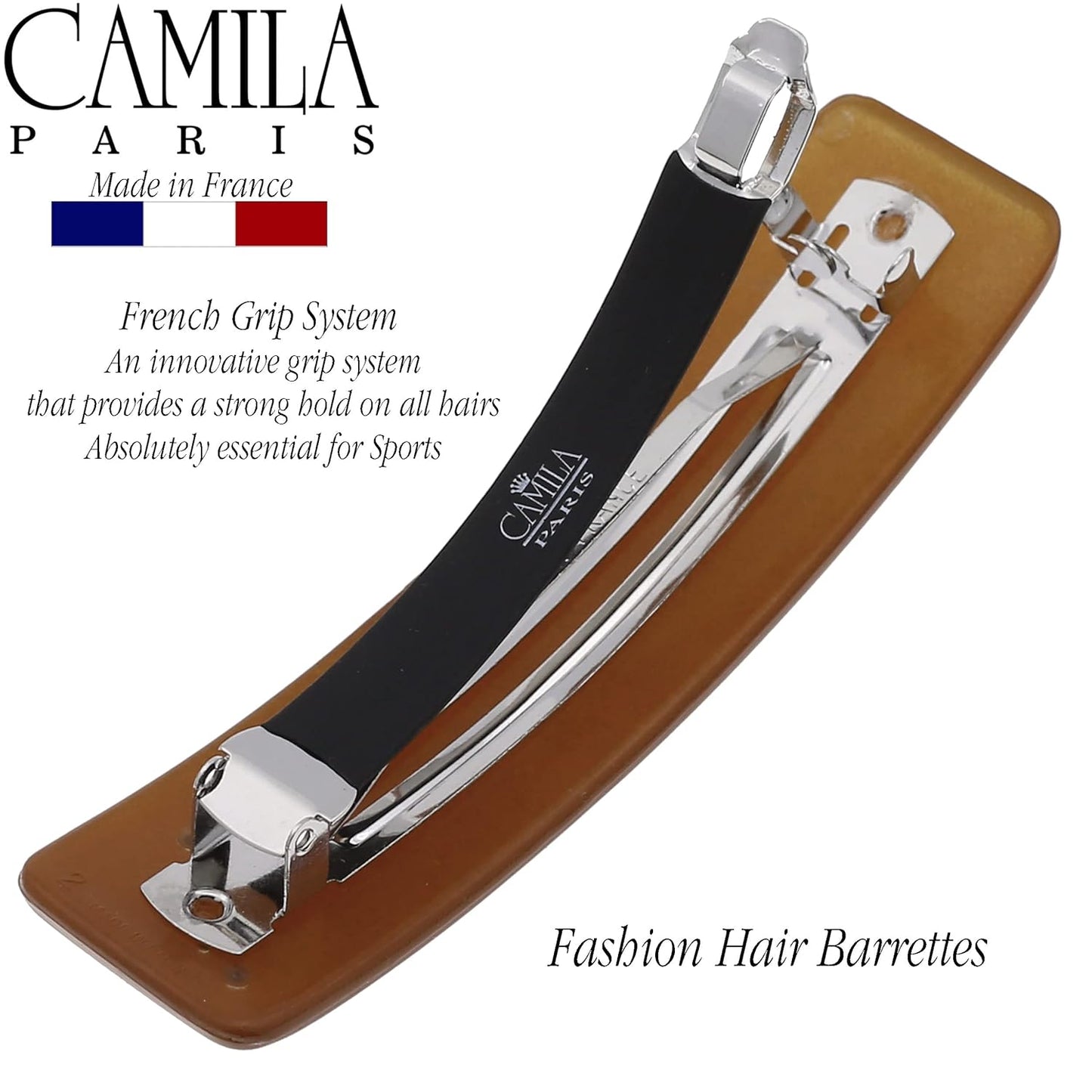 Camila Paris CP3443 French Hair Barrette Clip for Girls, Caramel, Rubberized Automatic Clasp Strong Hold Grip Hair Clips for Women, No Slip and Durable Styling Girls Hair Accessories, Made in France