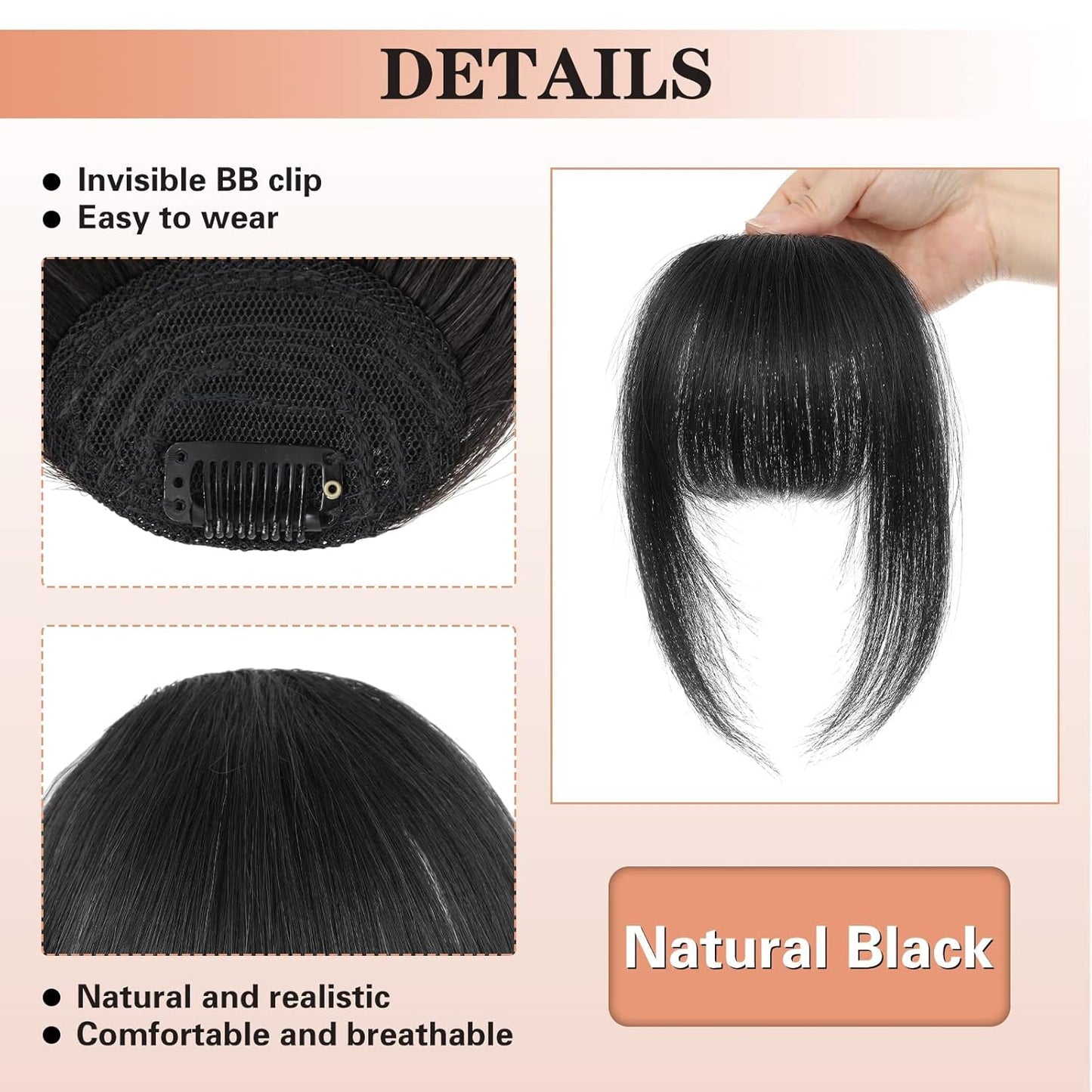 NAYOO Clip in Bangs - 100% Real Human French Bangs Hair Extensions with Temples for Women - Curved Bangs for Daily Wear (Natural Black)