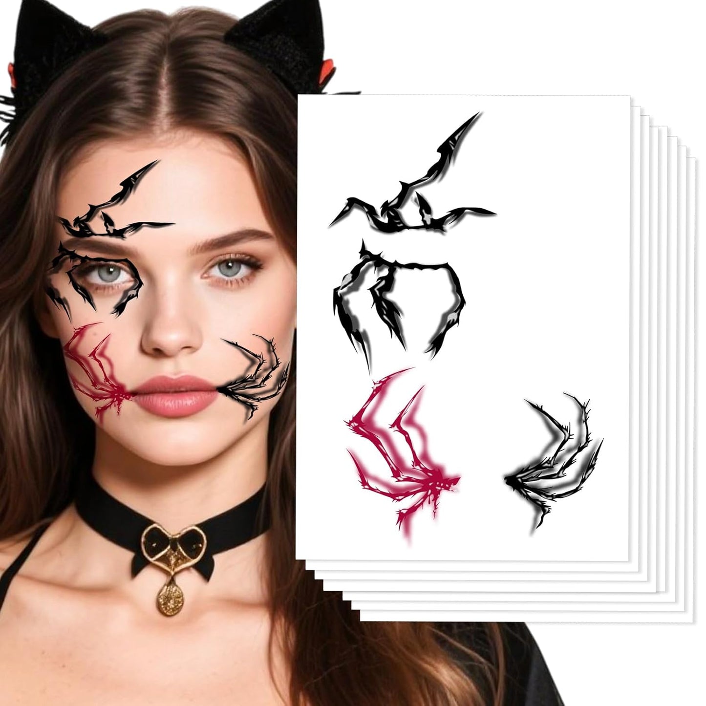 Halloween Face Tattoos, Spider Silhouette & Glitter Stars Face Tattoos,Horror Face Temporary Tattoos,Cosplay Face Makeup Tattoo Stickers, Easy Temporary Face Body Decals for Women,Girls 8Pcs