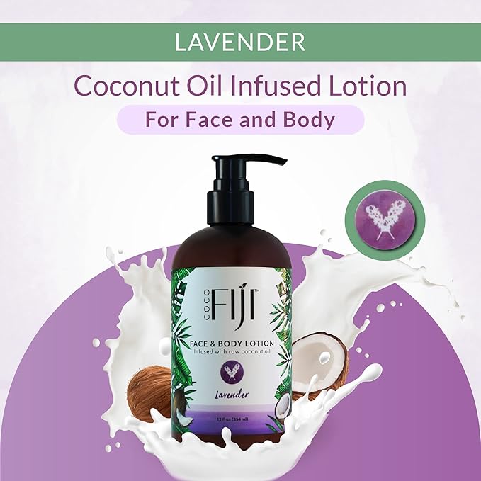 Coco Fiji Face & Body Lotion Infused With Coconut Oil | Lotion for Dry Skin | Moisturizer Face Cream & Massage Lotion for Women & Men |Lavender 12 ozPack of 3