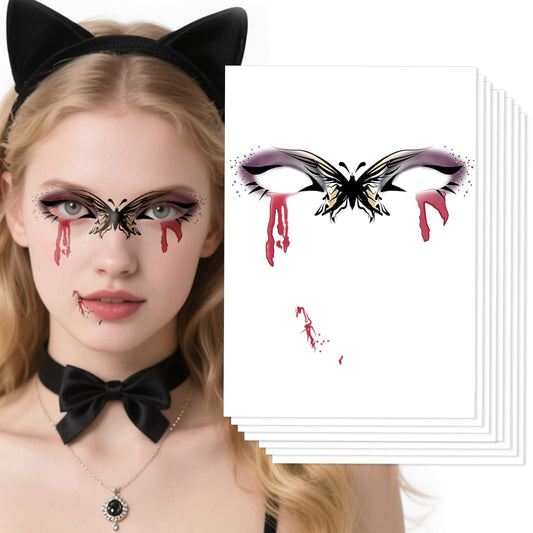 Halloween Face Tattoo, Face Temporary Tattoos with Butterfly & Blood Tears Design, Face Temporary Tattoo Sticker, Halloween Makeup Tattoo Stickers for Adults Halloween Stage Masquerade Party 8Pcs