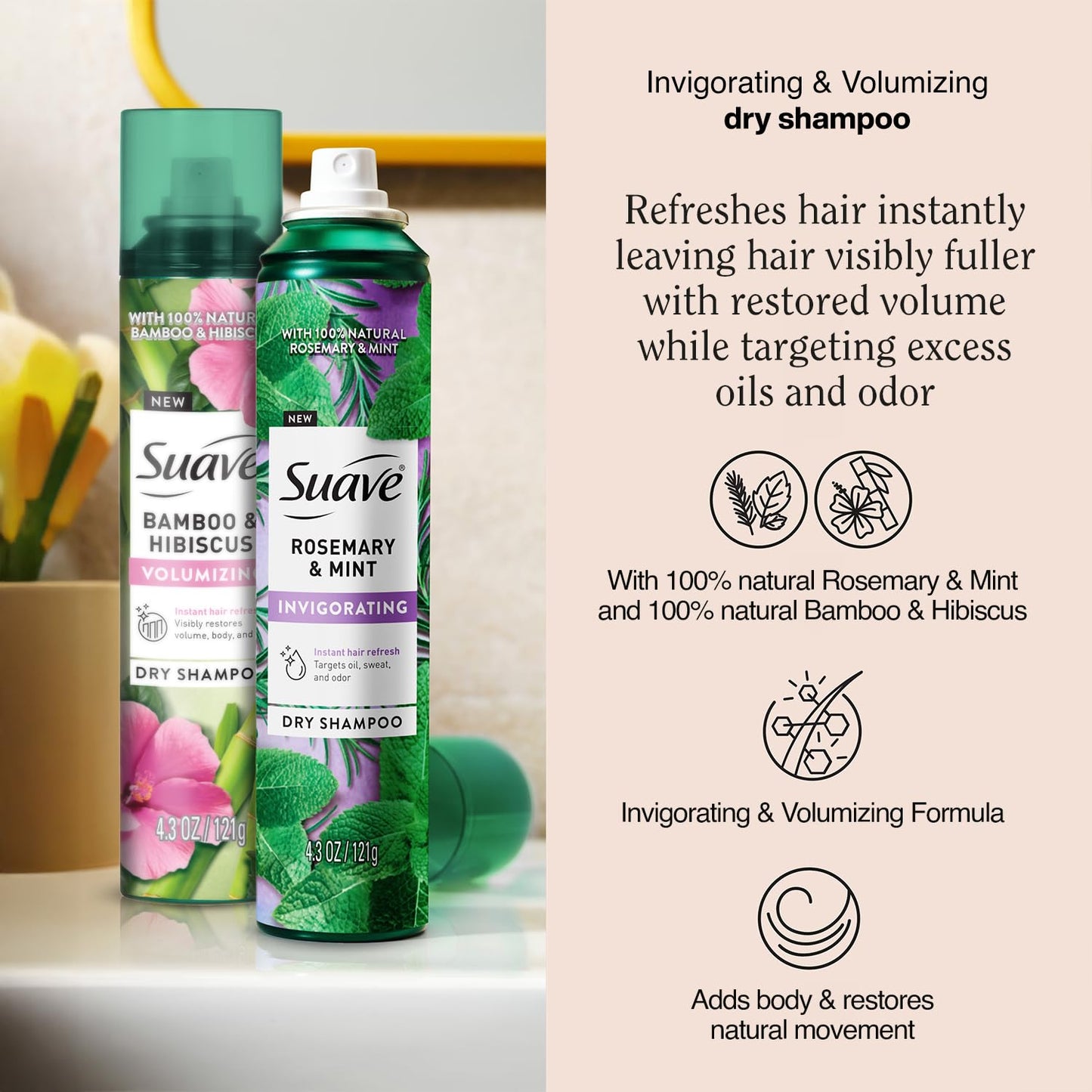 Suave+ Dry Shampoo Spray Variety 2-Pack – Invigorating Rosemary & Mint + Volumizing Bamboo & Hibiscus, 4.3 Oz Ea