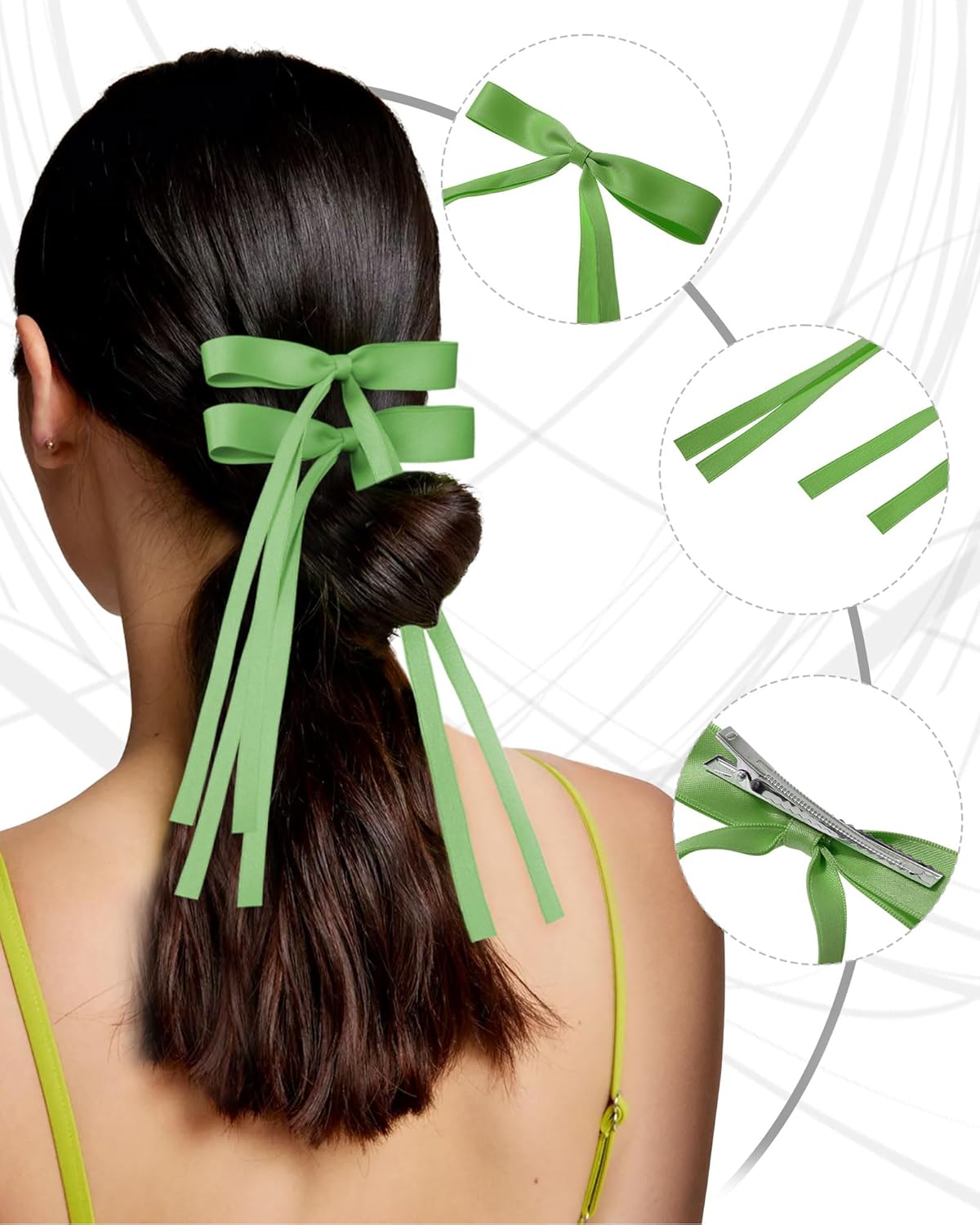 AWAYTR 6Pcs Women's Hair Accessory Hair Clips Tassel Ribbon Bowknot With Long Tail Solid Hair Ribbon (Black/Blue/Beige/Pink/Green/Red)