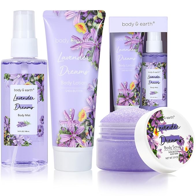 BODY & EARTH Body Mist Gift Set - Spa Gifts for Women, Perfume, Body Lotion, and Body Scrub in a Lavender Dreams Box- Perfect Birthday Gifts for Moms, and Special Occasions,Unique Gift Ideas for Her