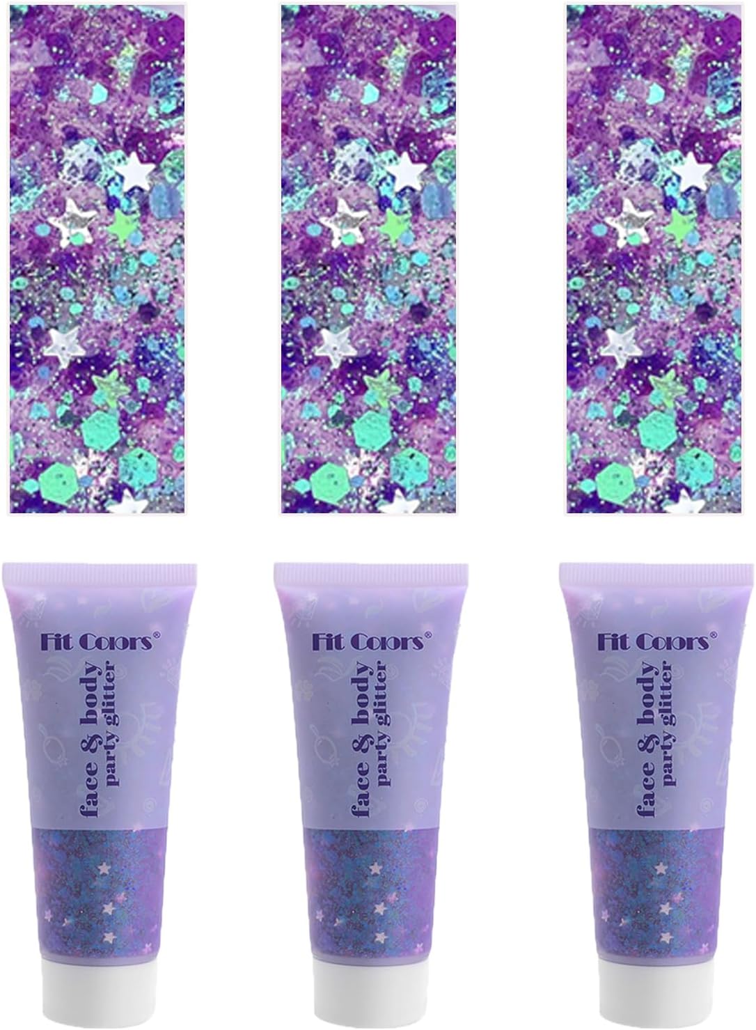 Face Body Glitter, Hair Glitter Sparkles Chunky Face Glitter Gel for Girls Makeup Singer Concerts Mermaid Festival Sequins Face Paint (3pc Purple)