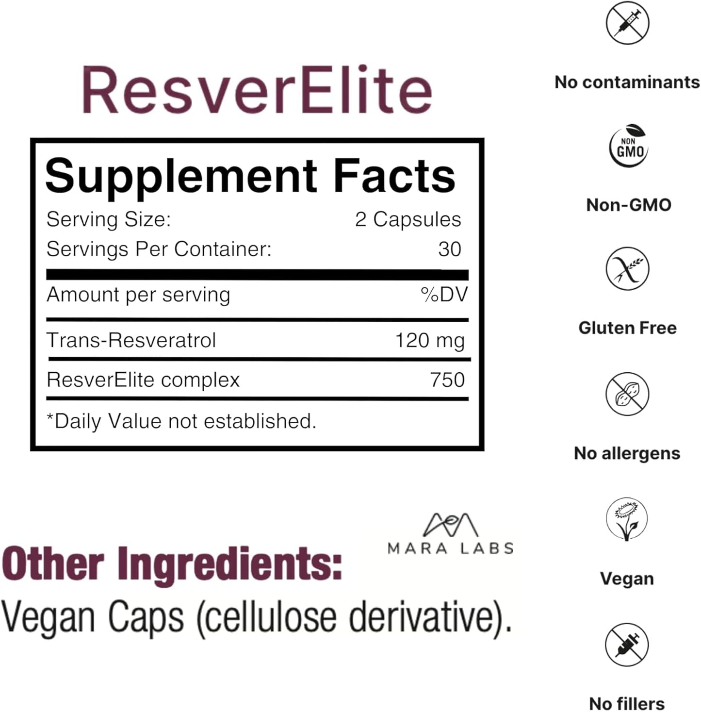 Mara Labs ResverElite | Bioavailable Resveratrol | Vegan, No Fillers, and Non-GMO | 60 Vegan Capsules