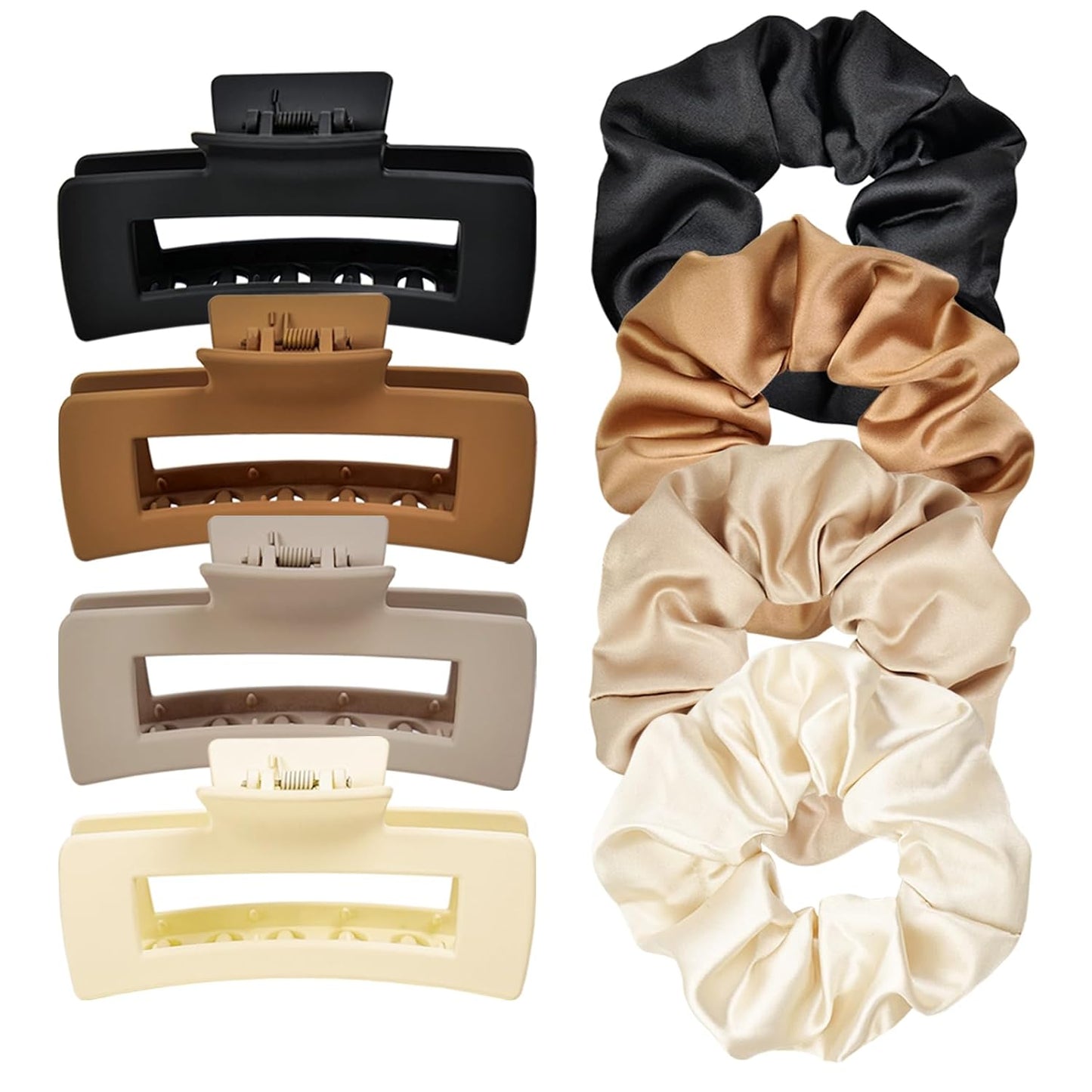 8pcs Hair Clips and Scrunchies Set – Medium Claw Clips for Women, Non-Slip Matte Hair Claws, Large Satin Scrunchies, Fall Hair Accessories for Thick Thin Hair, Neutral Color