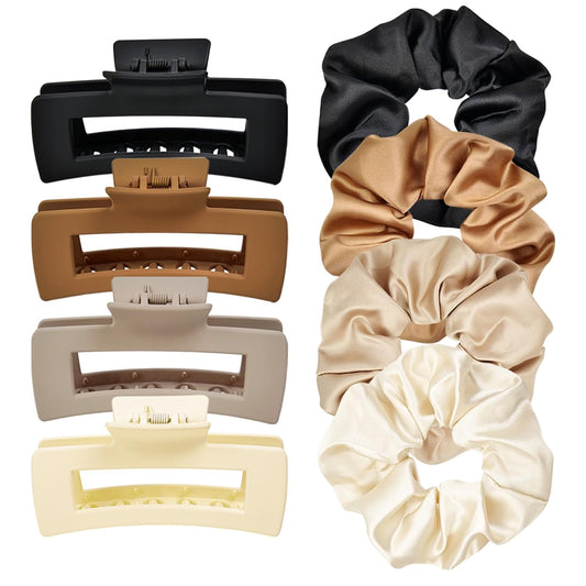 8pcs Hair Clips and Scrunchies Set – Medium Claw Clips for Women, Non-Slip Matte Hair Claws, Large Satin Scrunchies, Fall Hair Accessories for Thick Thin Hair, Neutral Color