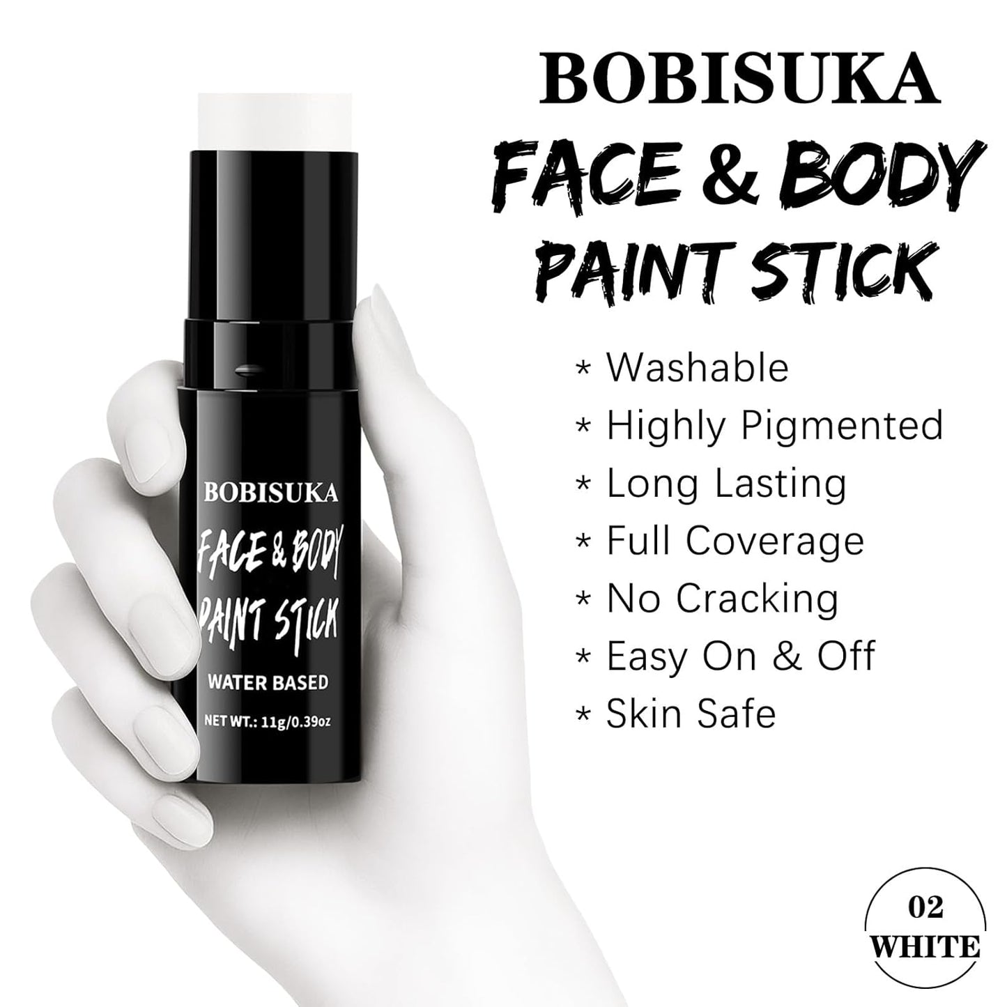 BOBISUKA White Face & Body Paint Stick Water-Based Washable Face Paint Makeup Stick for Halloween Clown, Joker, Skeleton, Zombie, Mime, Cosplay, SFX, Sports Eye Black & Costume Party