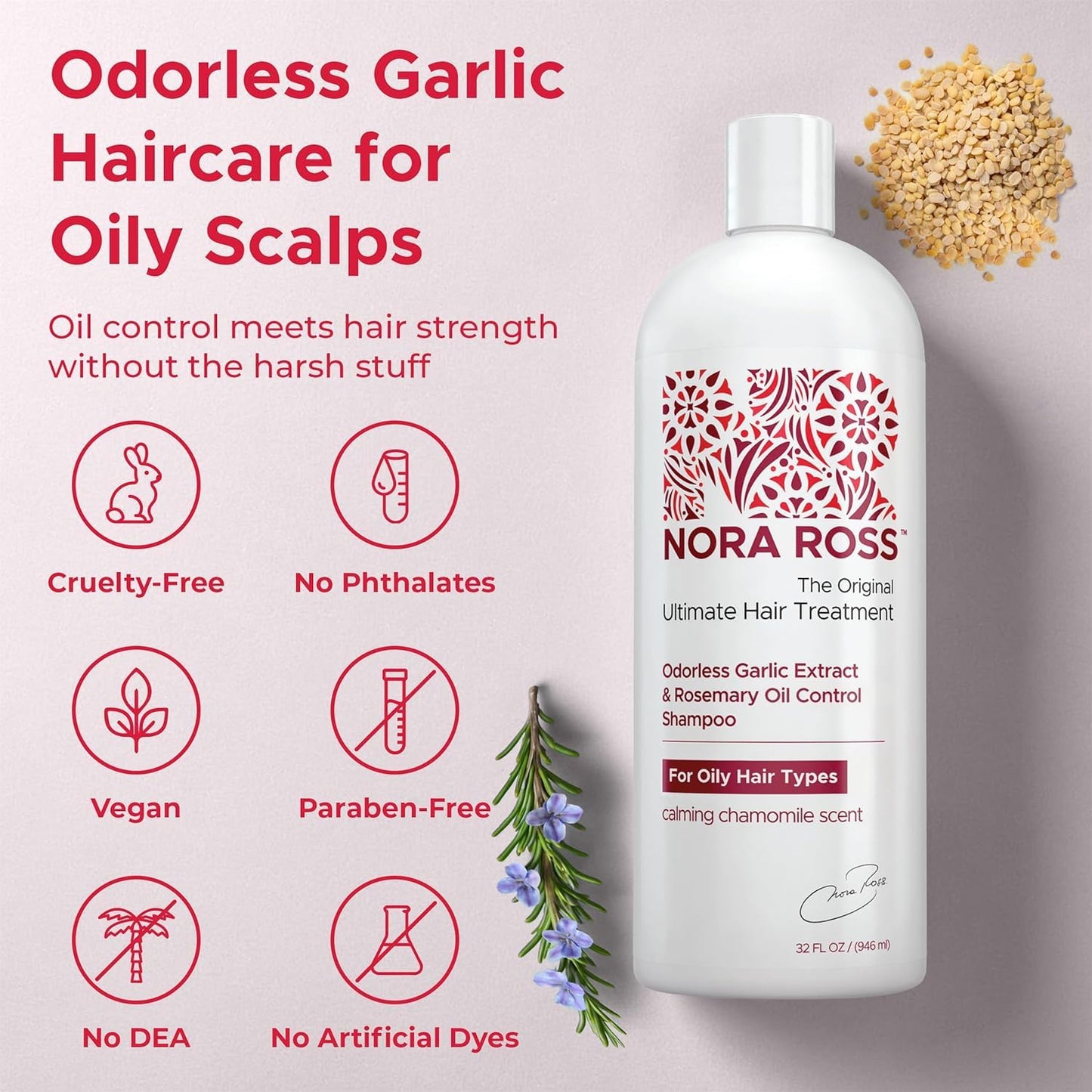 Nora Ross Garlic Extract Clarifying and Strengthening Shampoo and Conditioner with Rosemary – Deep Cleansing, Oil Control Combo for Women and Men – Vegan Formula with Fresh Chamomile – 32 oz each