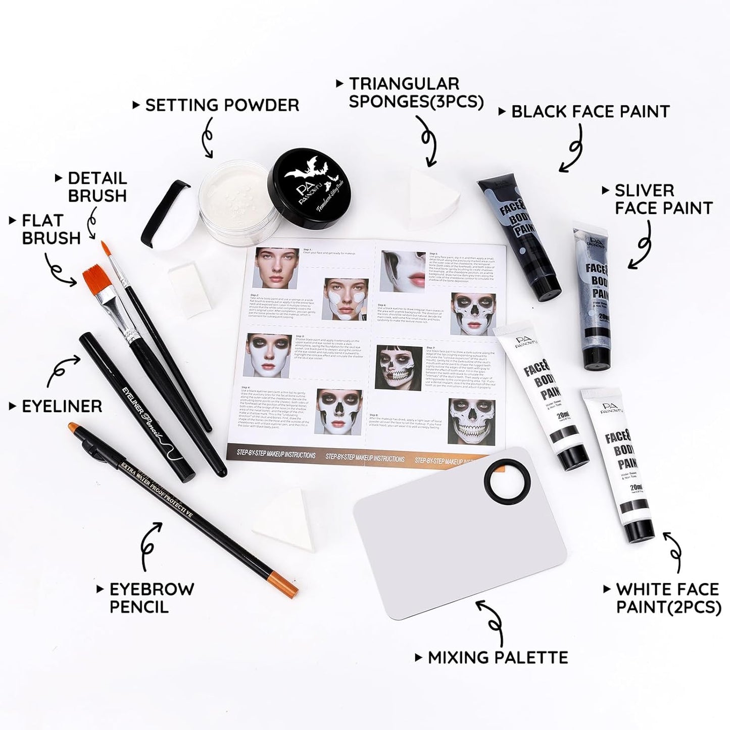 Halloween for Skeleton Makeup Kit, Professional Halloween SFX Makeup Set for Skeleton Costume, Water-Based Face Paint Set with Black White SilverFace Paints, for Cosplay, Costume Party