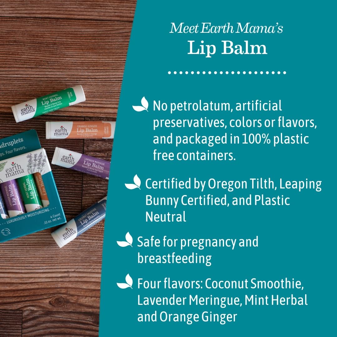 Earth Mama Lip Balm Set | Coconut Smoothie 4-Pack | Lip Moisturizer with Organic Coconut Oil for Sensitive Skin