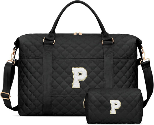 Gifts for Teen Girl, Initial Travel Duffle Bag, Personalized Women Weekender Overnight Bags, Gift for Daughter Kid Girl Wife Friend（Black,P)