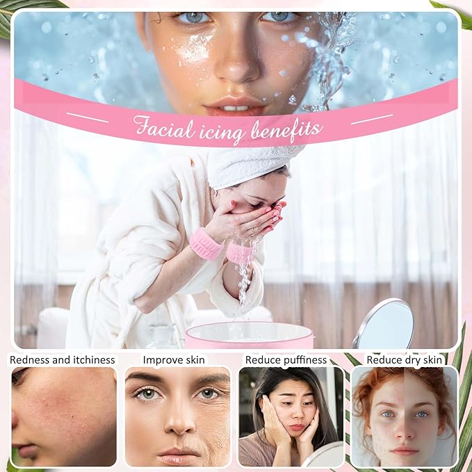 Face Ice Bath Bowl - Pink Foldable Collapsible Design with Headband & Wristbands Set, Skincare Combo for Women, Travel Friendly Home Spa, Makeup Removal & Sensitive Skin Care