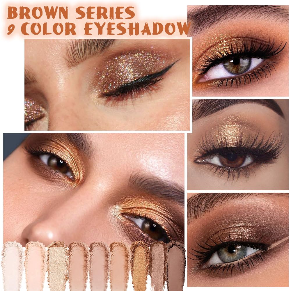 evpct 9 Colors Nude Pink Brown Maroon Glitter Shimmer Matte Eye Shadow Palette Makeup, Highly Pigmented Waterproof Brown Nude Maroon Cocoa Chocolate Shimmer Sparkling Party Eyeshadow Palette