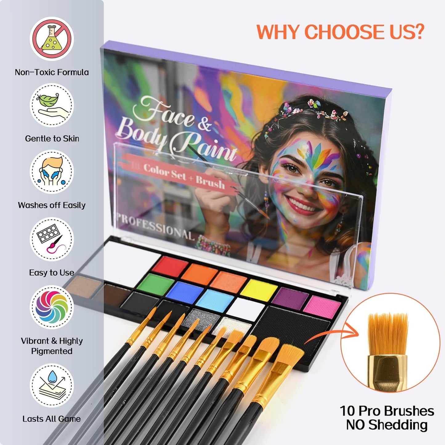Face Paint Body Paint Kit for Kids Adults-Washable 18 Colors Face Painting Kit with 10 Brushes, Non-Toxic, Skin Safe, Water-Activated for Halloween Makeup Cosplay Costume Party
