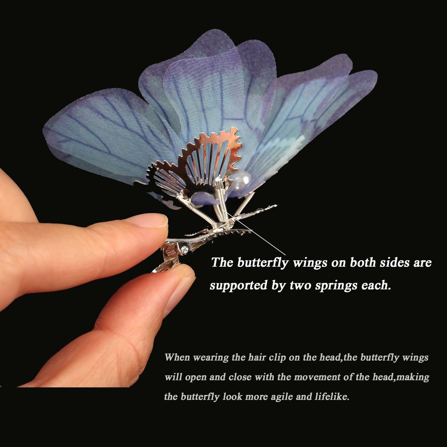 Blue Butterfly Medium Hair Clips Set - 2 Pcs with Dangling Wings - Beautiful Butterfly Hair Accessories for Girls & Women