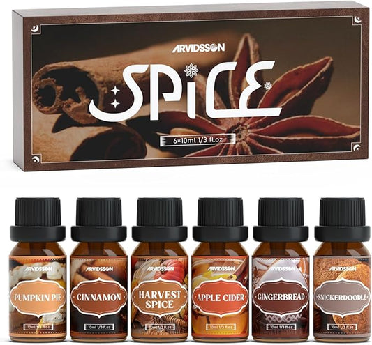 Spice Essential Oils Set, ARVIDSSON Premium Fall Fragrance Oil for Diffuser, Cinnamon, Pumpkin Pie, Harvest Spice, Apple Cider, Gingerbread, Snickerdoodle, Autumn Scented Oils