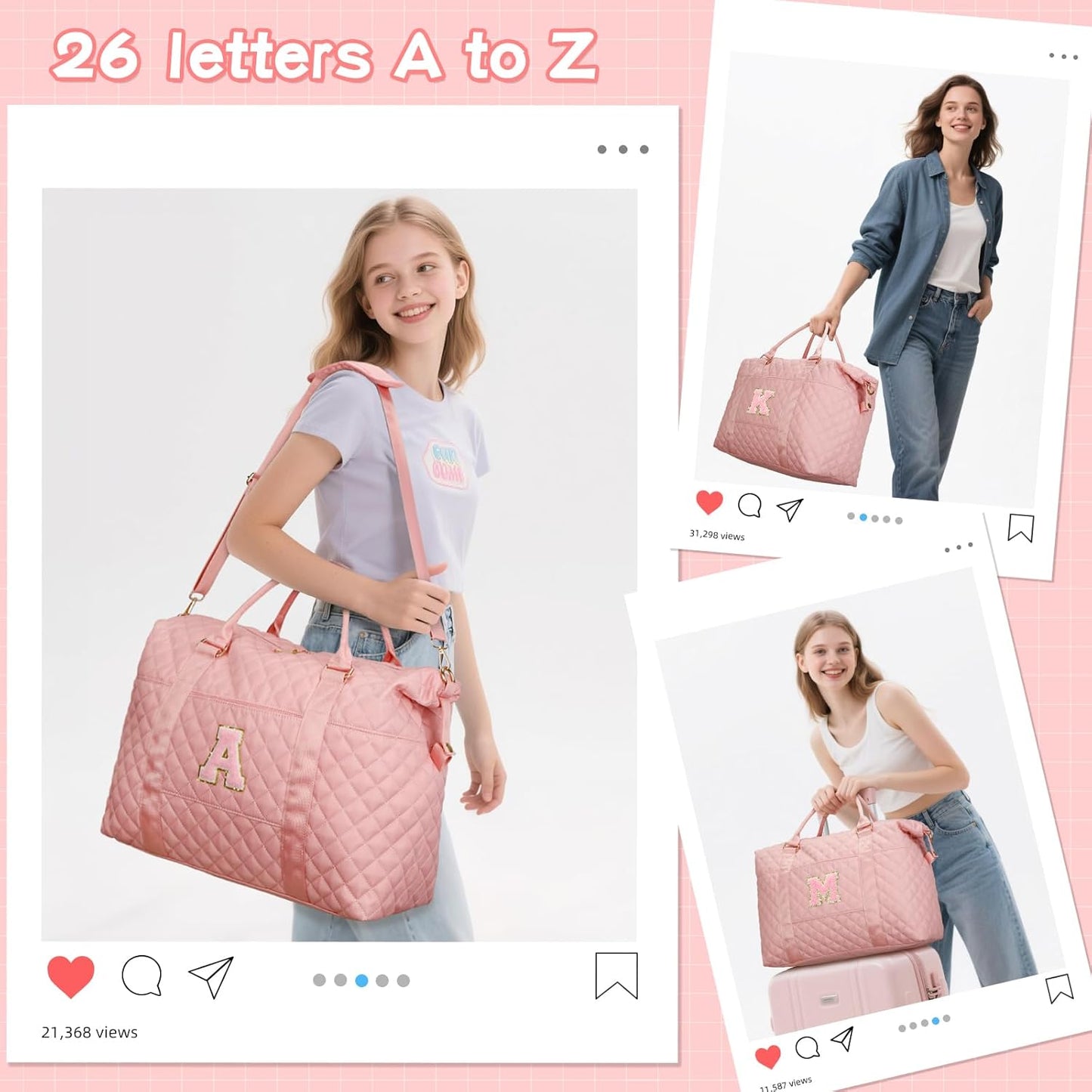 Gifts for Teen Girl, Initial Travel Duffle Bag, Personalized Women Weekender Overnight Bags, Gift for Daughter Kid Girl Wife Friend（Pink,K)