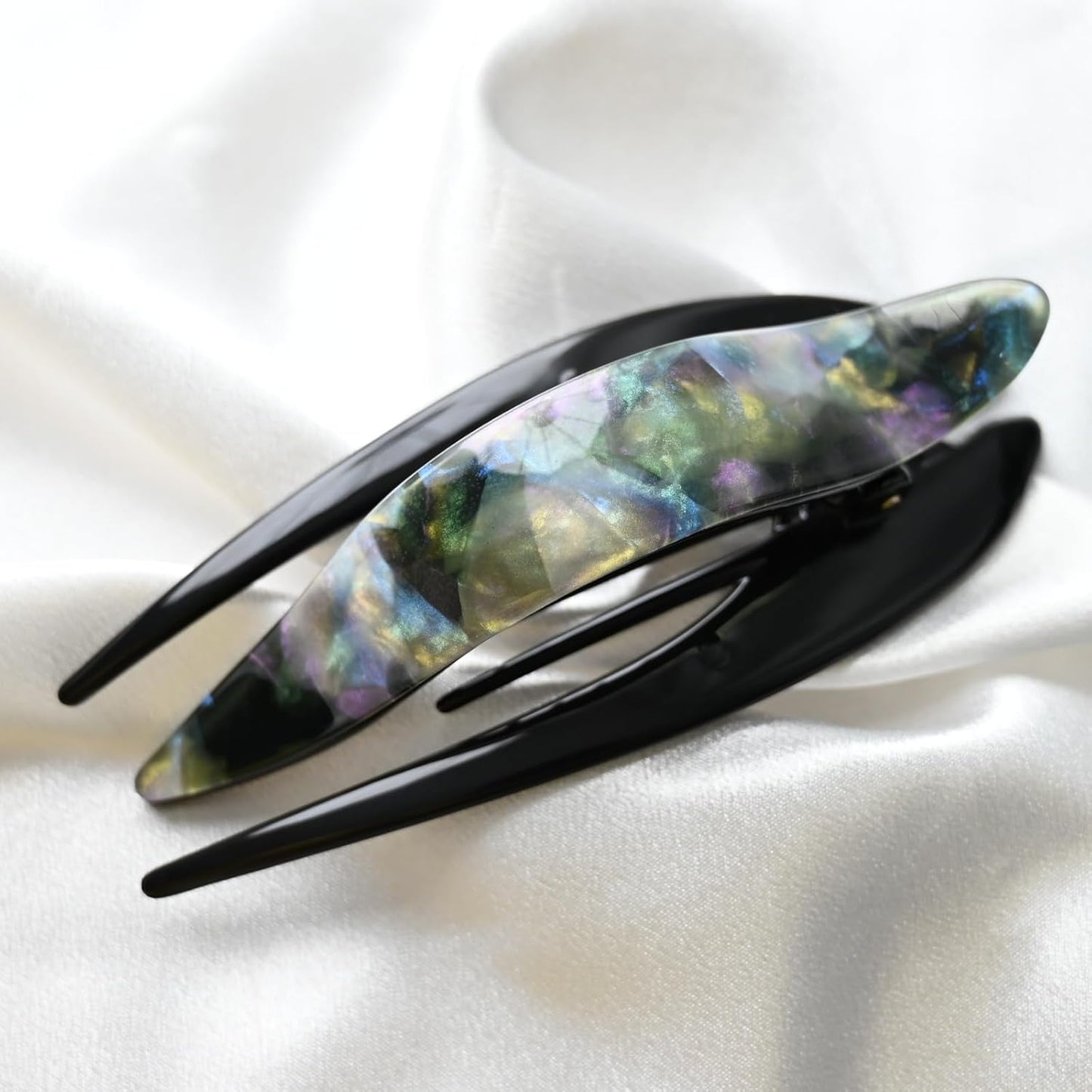 Handmade Celluloid French Design Tortoise Shell Barrettes Side-slide Opening Duck Luxury Fashion Accessories Hair Clip Claw for Women (Aurora green)