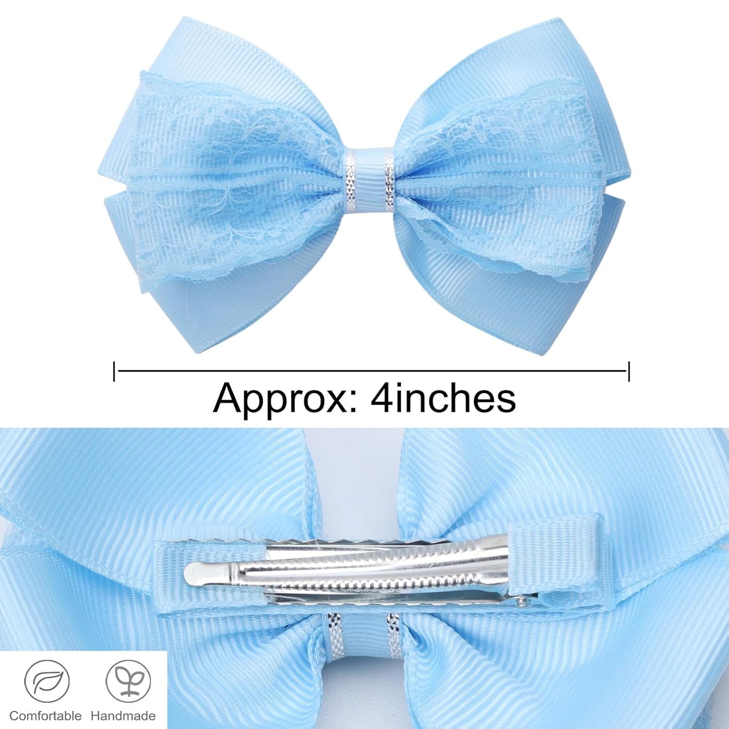 4-Inch Hair Bows Alligator Clips Delicate Lace Hair Accessories for Girls, Toddler, Kids and Women Daily Dress Up Birthday Wedding Christmas Occasions- Set of 2 (Blue)