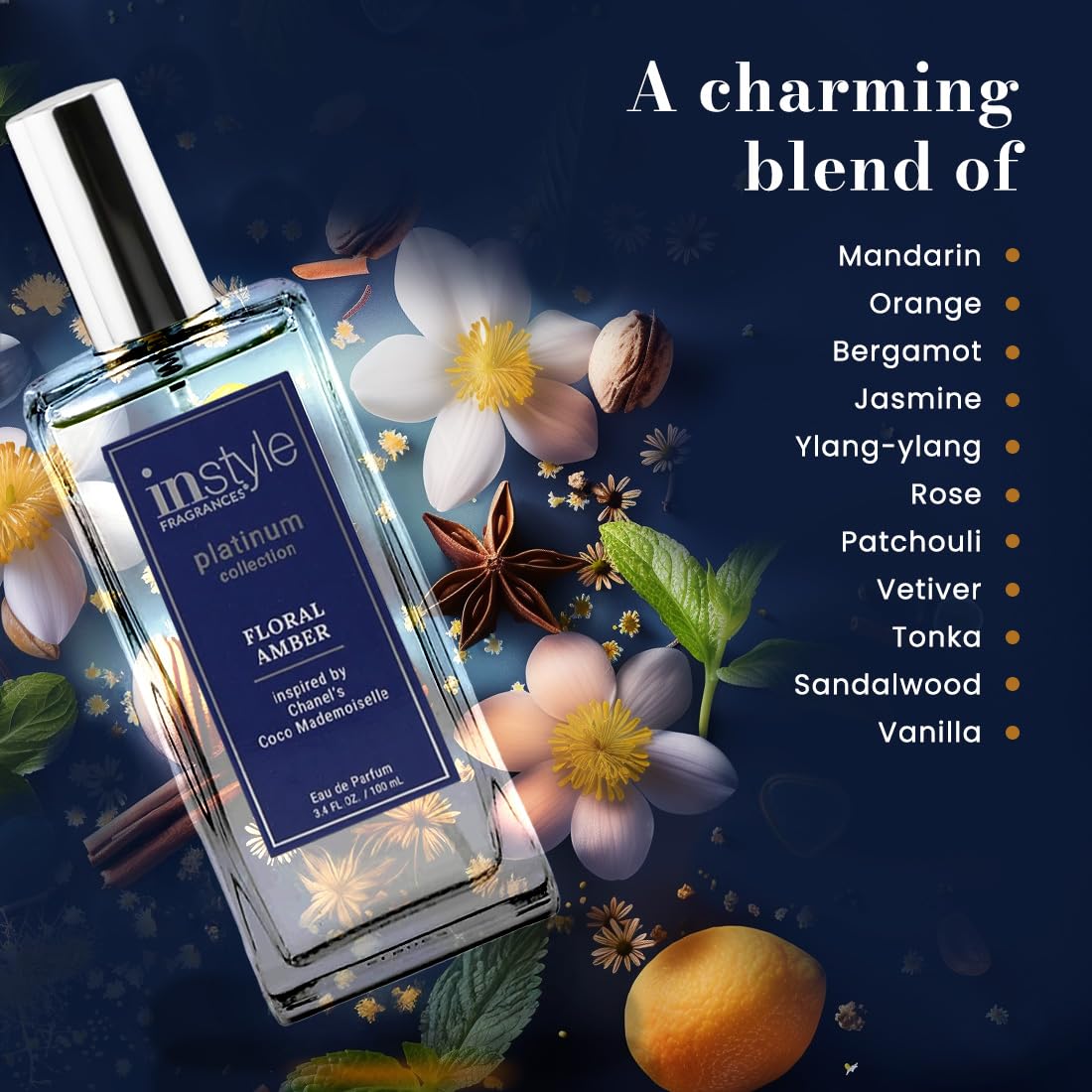 Instyle Fragrances, Platinum Collection, Floral Amber, Inspired by Chanel's Coco Mademoiselle, Women’s Eau de Parfum, CLEAN, Vegan, Paraben-Free, Never Tested on Animals, 3.4 Fluid Ounces