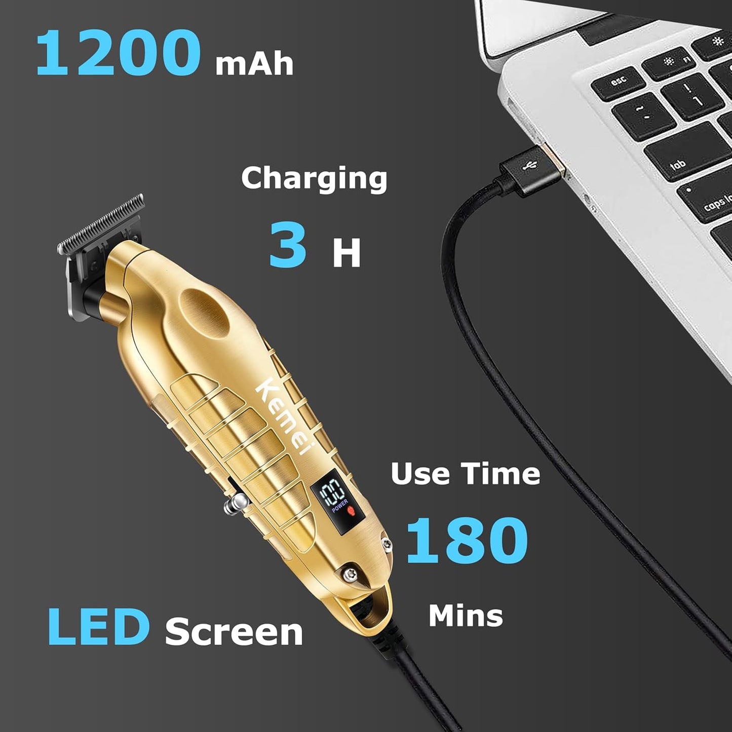 KEMEI 2293 Professional Hair/Beard Trimmer for Men Zero Gapped Hair Clippers for Barber with T Blade, Cordless Rechargeable, Gold