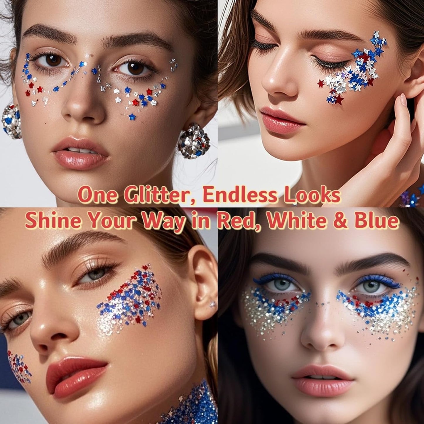 Red White and Blue Body Glitter Set - 4th of July Outfit Accessories for Women & Kids, USA Flag Face Glitter with Glue, 4 Jars Holographic Chunky Patriotic Hair Glitter Sequins for Independence Day