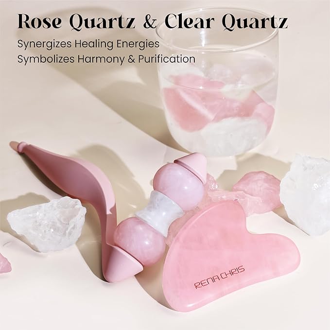 Rena Chris Facial Roller and Gua Sha Set - Jade Gua Sha Facial Tools & Face Roller with Aluminum Alloy Handle and 316 Stainless Steel Shaft for Puffiness Reducing,Skin Care Gift for Women