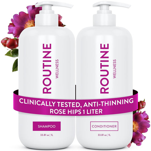 Routine Wellness 1 Liter Anti-Thinning Volumizing Shampoo and Conditioner Set for Thinning Hair & Hair Loss - Grow Your Confidence with Biotin & DHT Blockers - 1 Liter Rose Hips Set