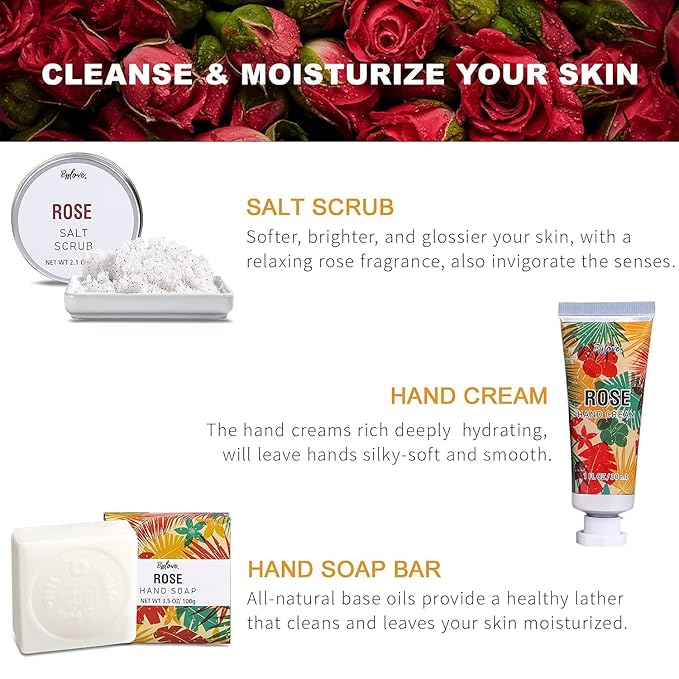 Spa Gifts for Women, Gift Set, Self Care Kit, Birthday Gifts, 5pc Rose Bath Sets Include Massage Oil, Bath Bomb, Salt Scrub, Soap, Hand Cream, Christmas Gifts for Mom