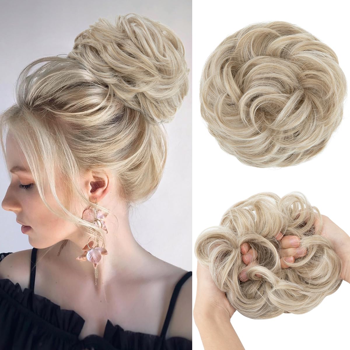 CJL HAIR Large Messy Bun Hair Piece Wavy Curly Scrunchies Synthetic Chignon Ponytail Hair Extensions Thick Updo Hairpieces for Women Ivory Grey