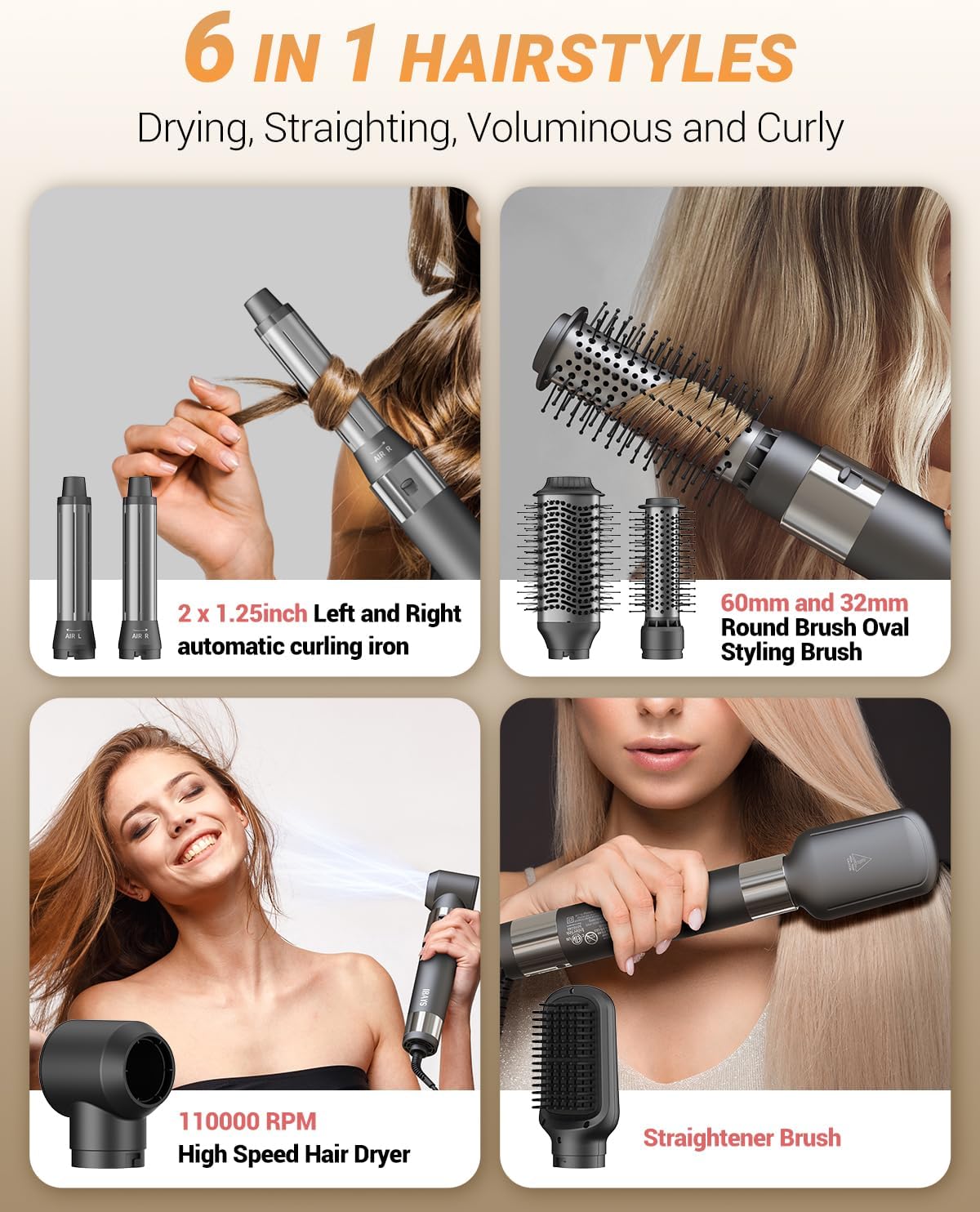 Hair Dryer Brush 6 in 1 Professional Hot Air Styler, 110,000 RPM High-Speed Negative Ionic Hair Dryer, Auto Wrap Curler Frizz-Free Blow Dryer Brush for Curling Volumizing Straightening Styling