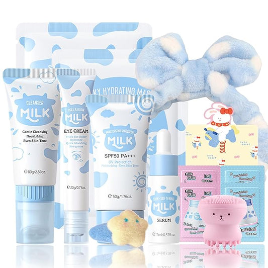 14 In 1 Milk Skincare Set for Women & Teens, Facial Kit for Women, Facial Skin Care Sets & Kits with Cleanser, Serum, Cream, Sunscreen, Eye Cream, Mask, Hair Band, Face Brush, Greeting Card, Hairpin